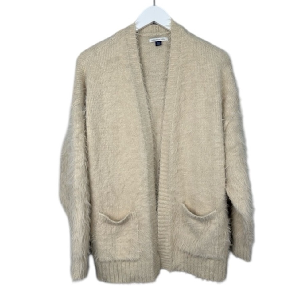 American Eagle Whoa So Cozy Tan Fuzzy Soft Open Front Sweater Cardigan Small